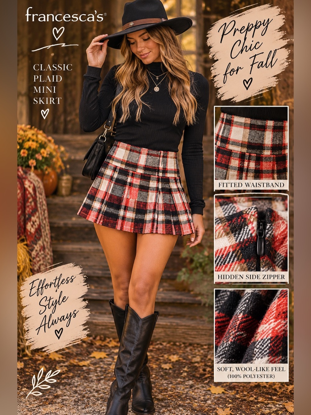 Francesca’s Plaid Pleated Mini Skirt Small NWT Red Black Preppy Fall